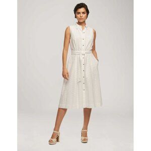 Anne Klein Diane White Eyelet Midi Shirt Dress Sleeveless Button-Front Belted